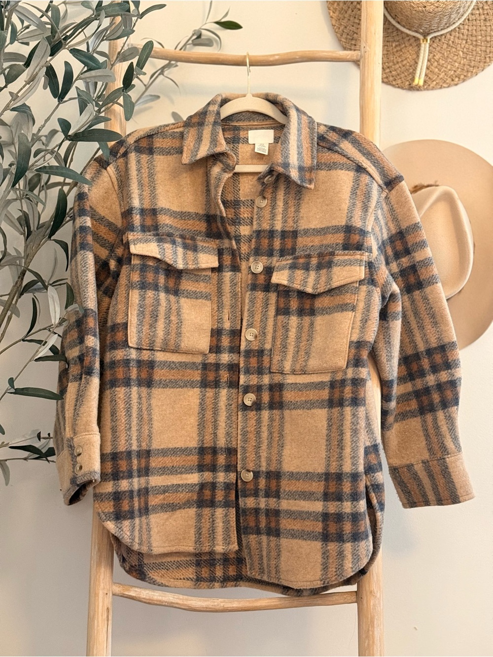 H&M Tan and Plaid Oversized Shacket